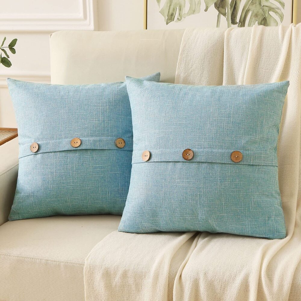 9649 Light Blue Linen Decorative Throw Pillow Covers 16x16 Inch Set of
